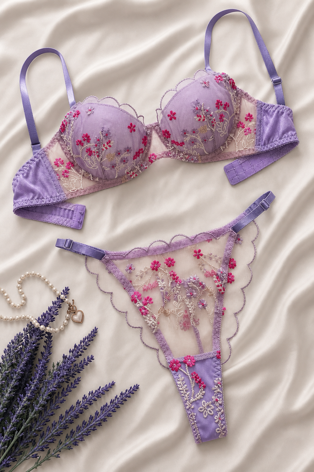 Lavender Bloom Embroidered Lingerie Duo — Sheer Underwire Bra with Matching Panty